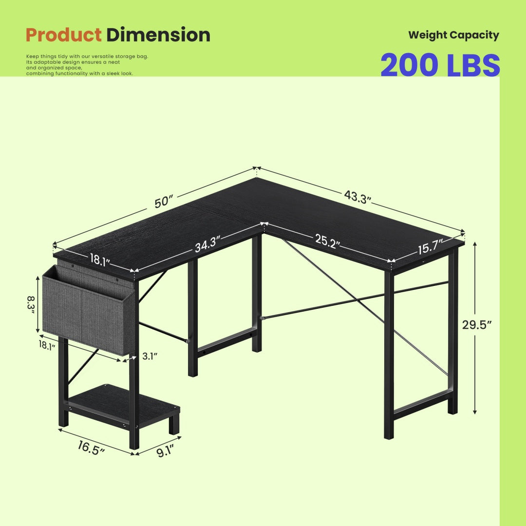 49-Inch L Shaped Desk With CPU Stand & Side Bag