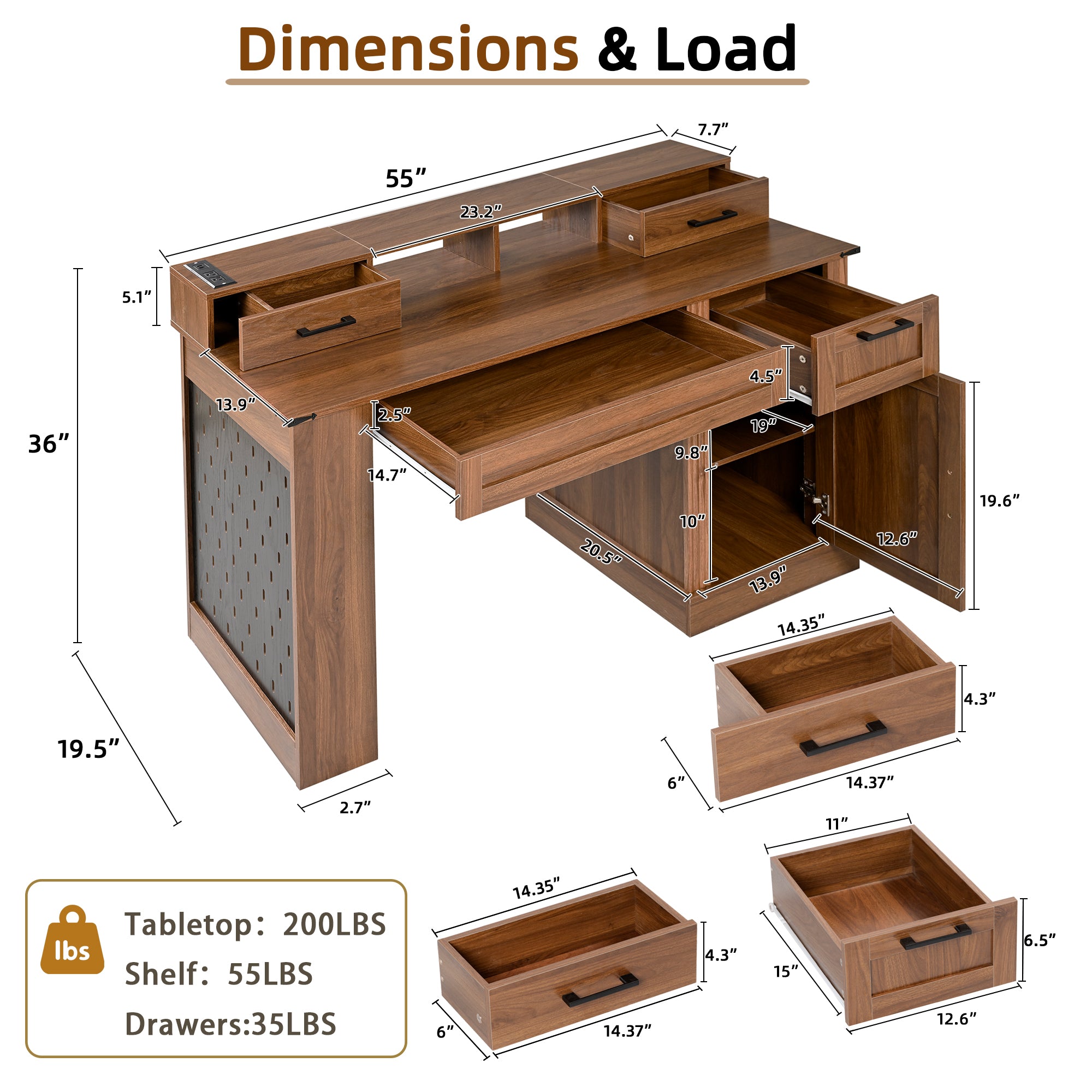 55 Farmhouse Office Desk With Storage Cabinet  Charging Station, Barn Door Design Computer Writing Desk With Keyboard Tray, Monitor Stand & Pegboard, Dark Walnut