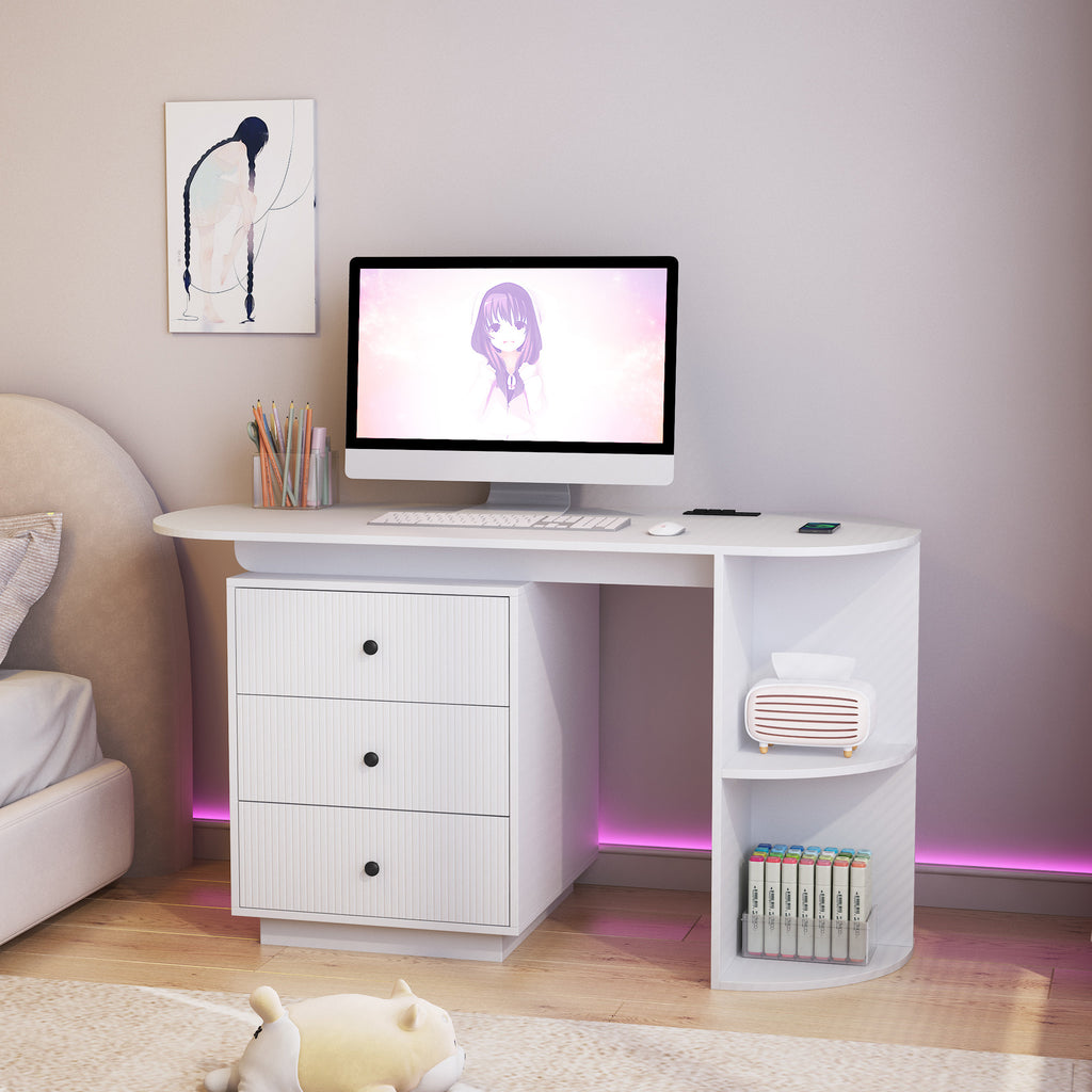 Modern Home Office Table, Expandable Desk With Storage Drawers & Open Shelf