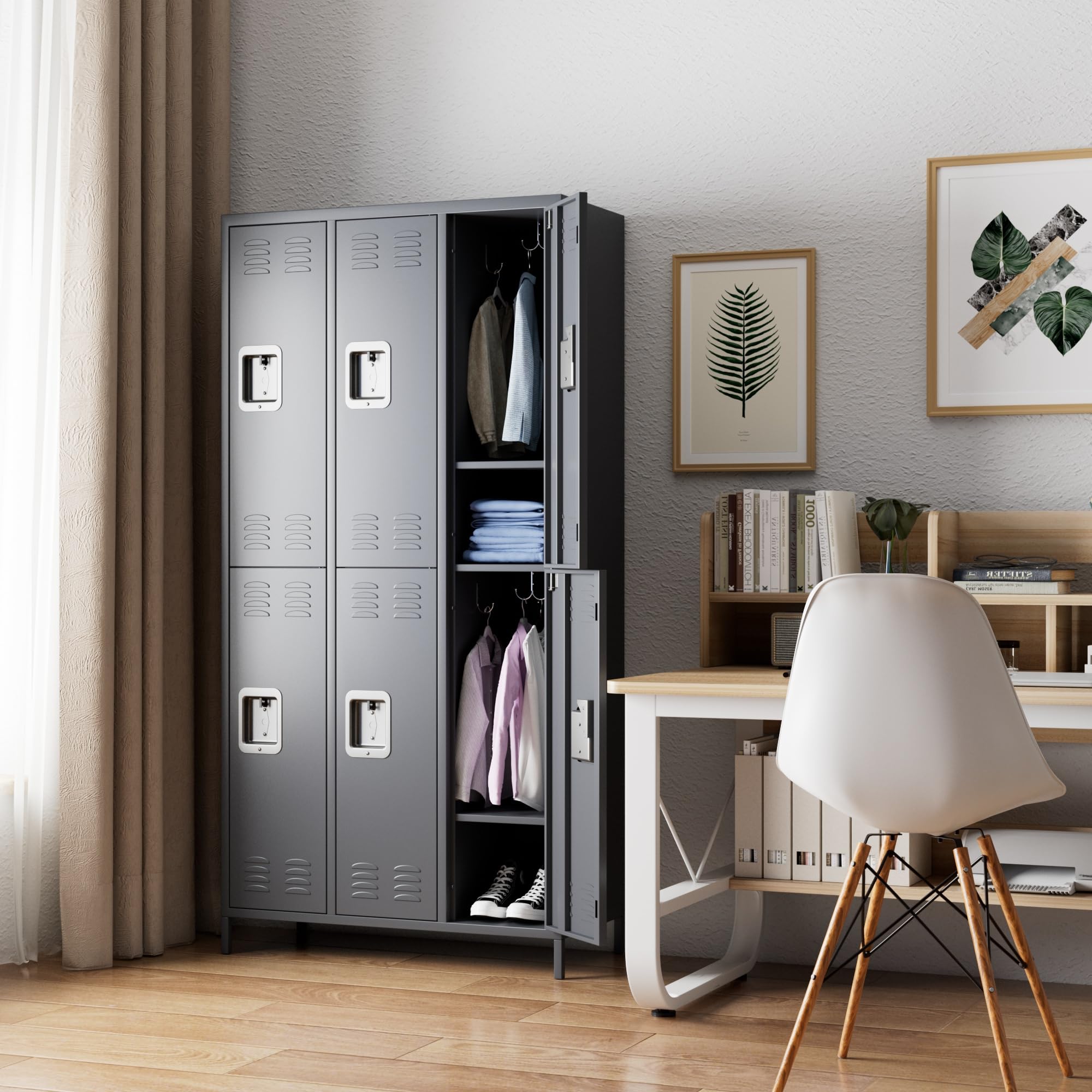 6 Doors Metal Locker With 18 Hooks For School, Assembly Required, Dark Grey