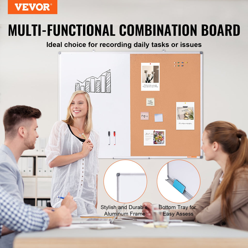 48'x 36' Whiteboard & Cork Board Combo With Aluminum Frame – 2-in-1 Magnetic Dry Erase Bulletin Board For Wall Mount