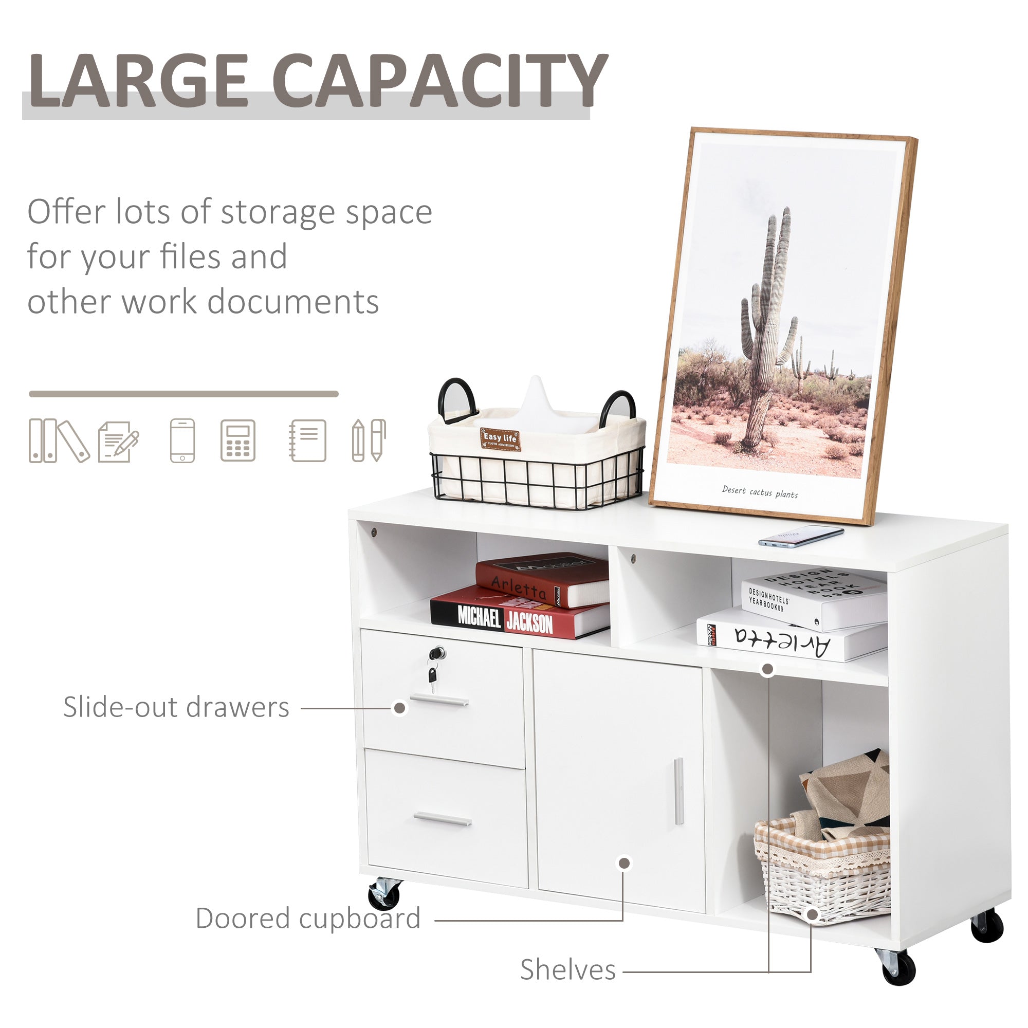 Printer Stand Home Office Mobile Storage Cabinet Organizer Desktop with Caster Wheels