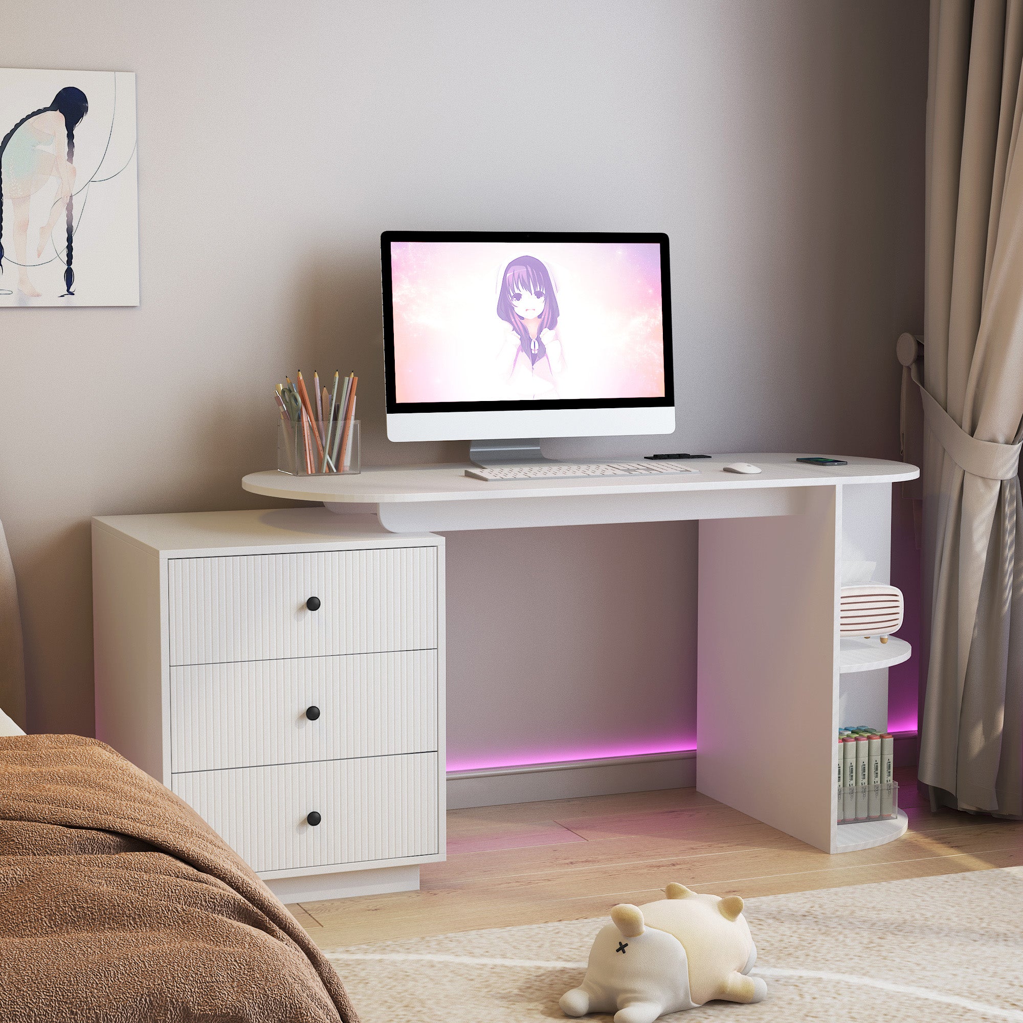 Modern Home Office Table, Expandable Desk With Storage Drawers & Open Shelf