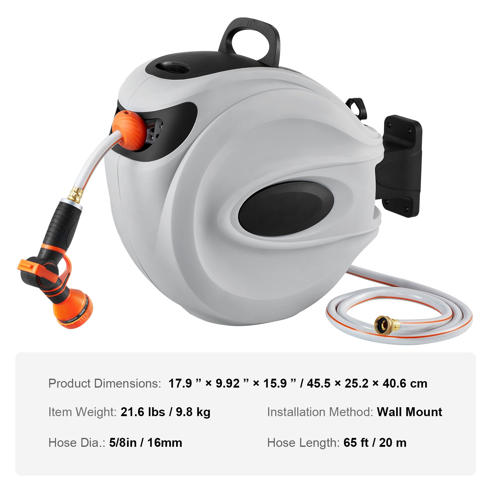 VEVOR Retractable Hose Reel Water Hose Reel, Swivel Wall-Mounted