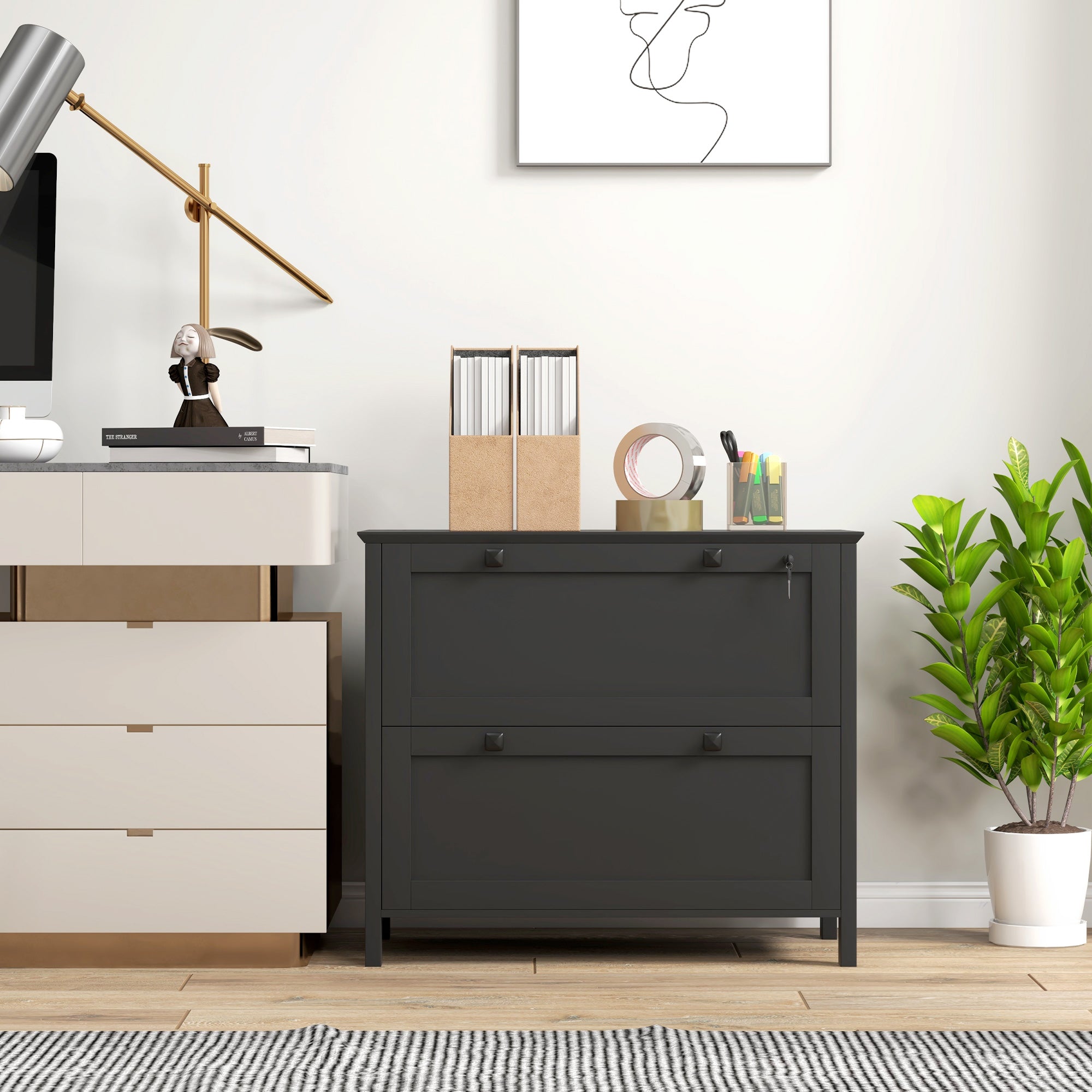 Lateral File Cabinet, 2 Drawer Filing Cabinet, Black