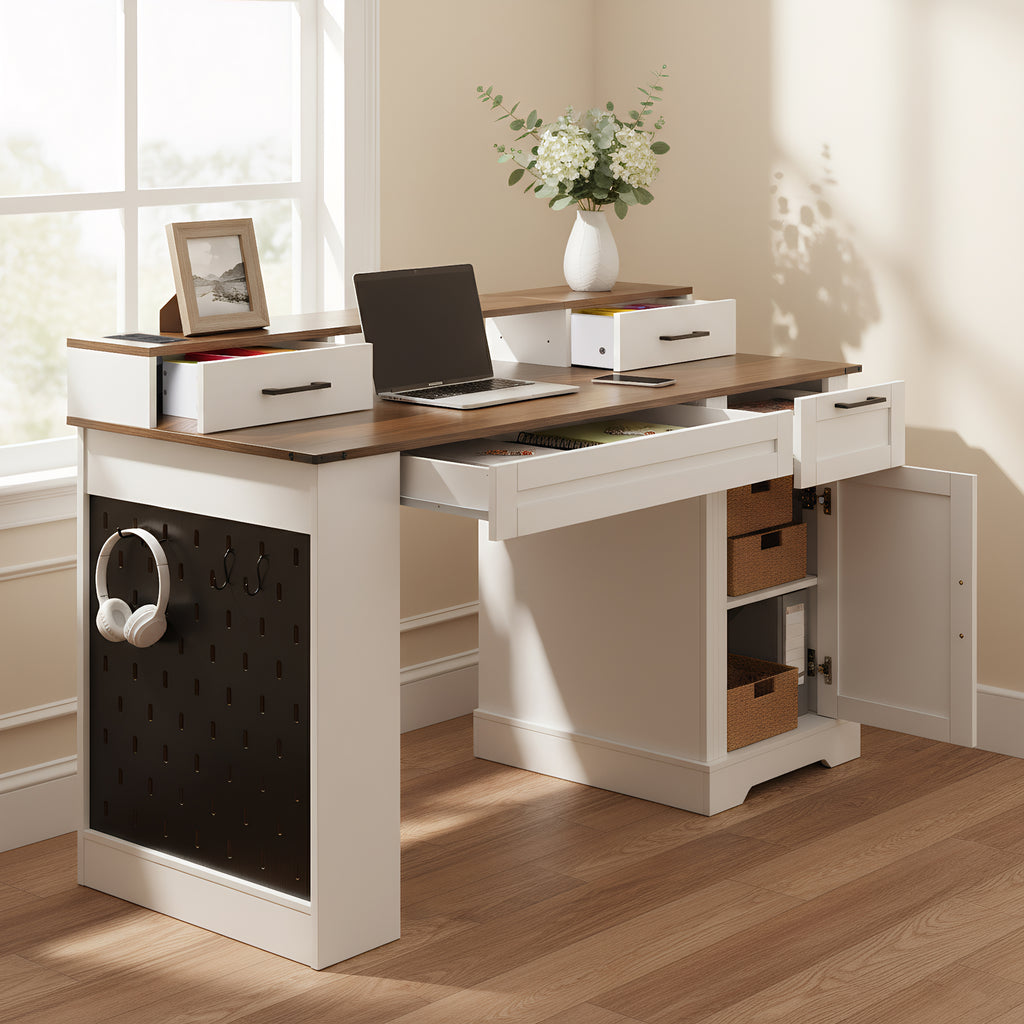 55" Farmhouse Office Desk With Storage Cabinet  Charging Station, Barn Door Design Computer Writing Desk With Keyboard Tray, Monitor Stand And Pegboard, White