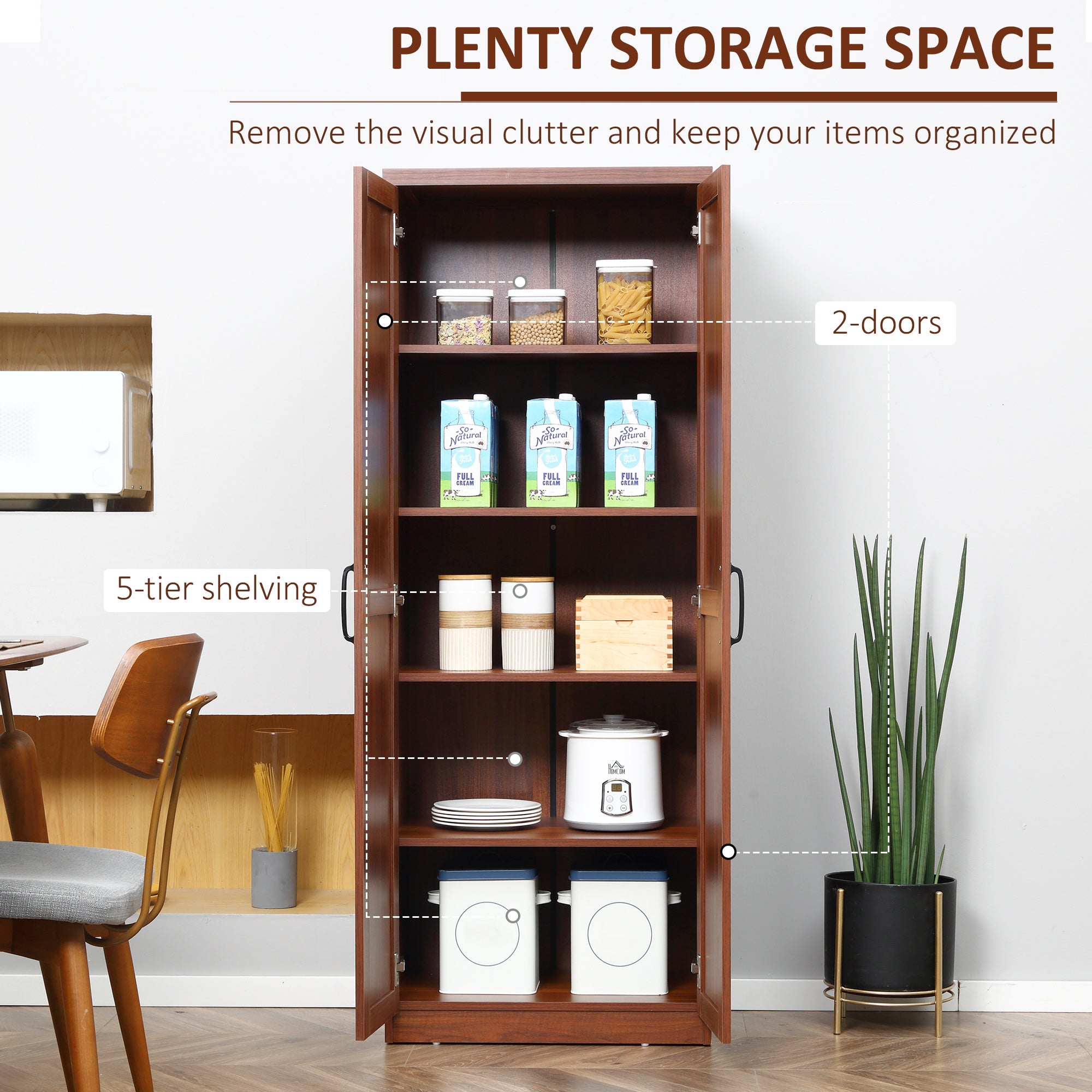 63" 2-Door Freestanding Storage Cabinet With 5-tier Shelving And 2 Adjustable Shelves, Brown