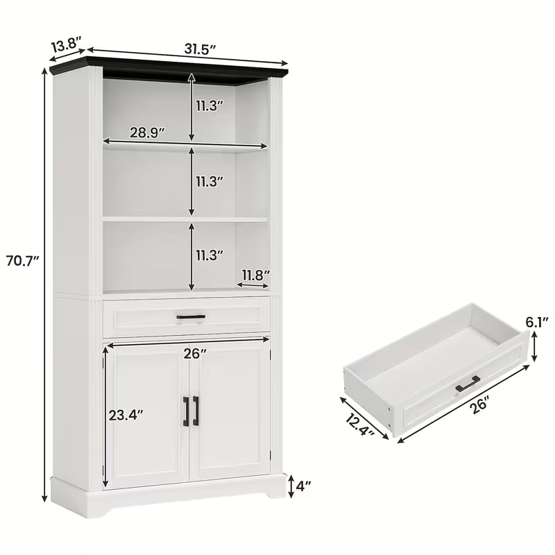 Farmhouse Bookcase with Doors & Drawer, 6 Shelves