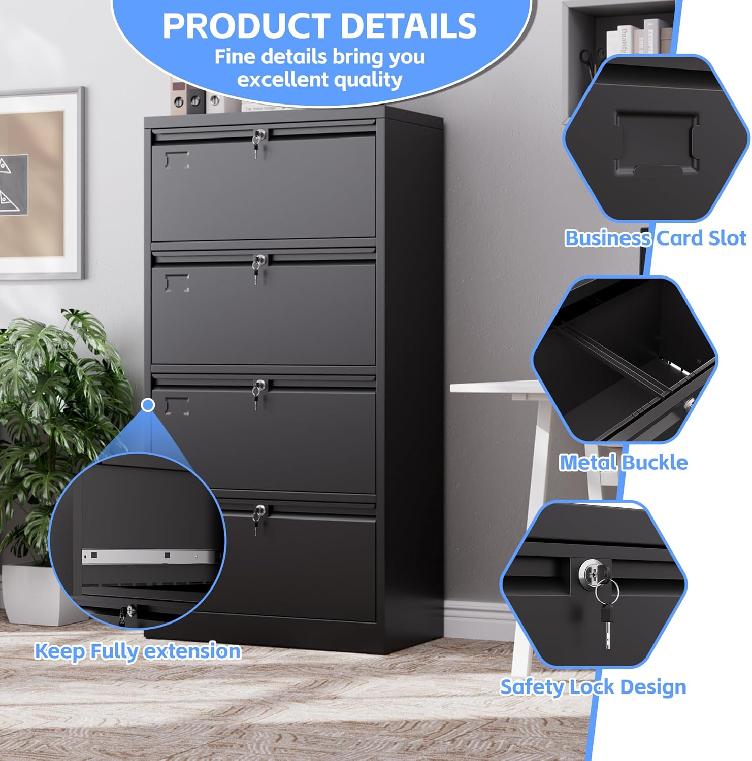 4 Drawer Lateral File Cabinet, Metal Independent Locking Drawers