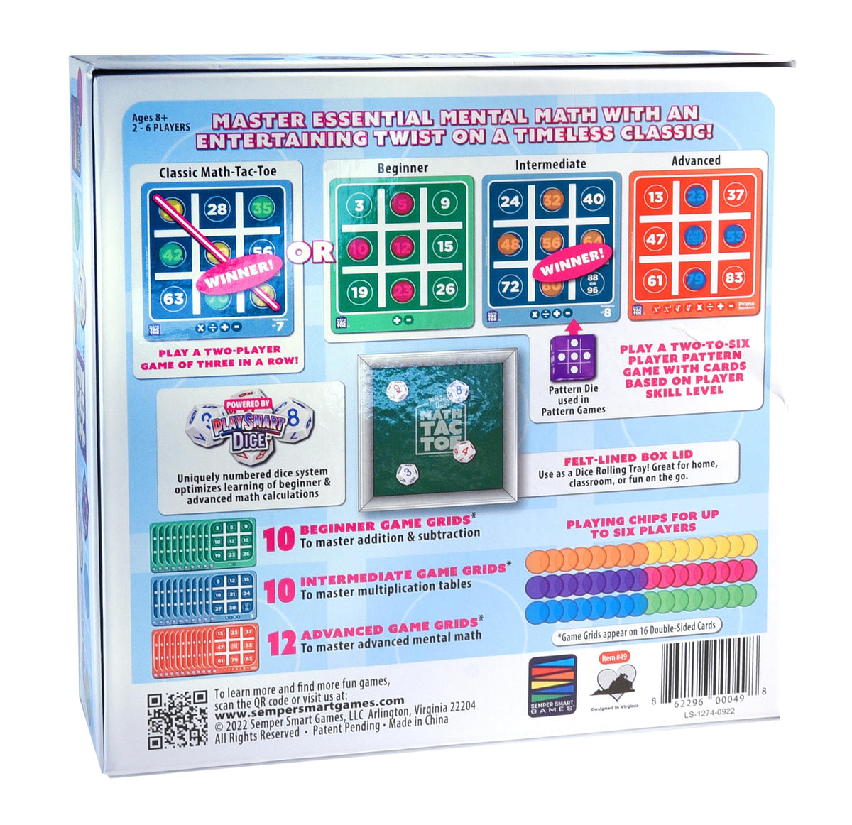 Semper Smart Games PlaySmart Dice Math-Tac-Toe Math Game: Get Sharp on Mental Math with a Fun New Twist on a Timeless Classic! Multiple Skill-leveled Math Bingo Made Fun for 8 and up!