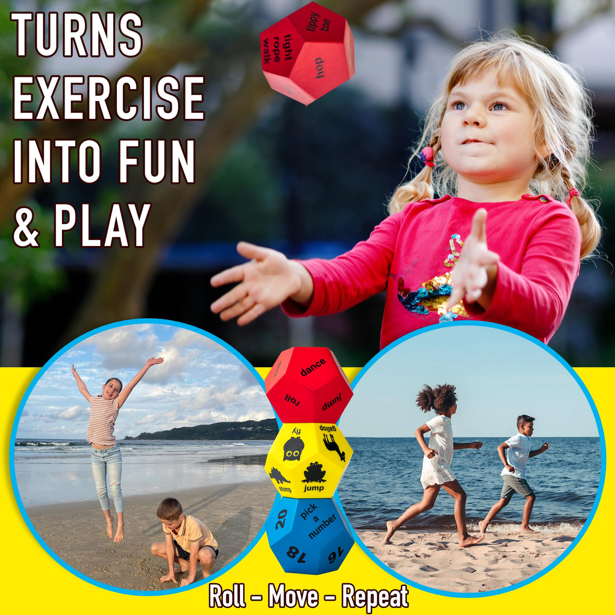 Exercise Dice Game – 3 Large 12-Sided Foam Movement Dice | Physical Education &amp; Gross Motor Activities
