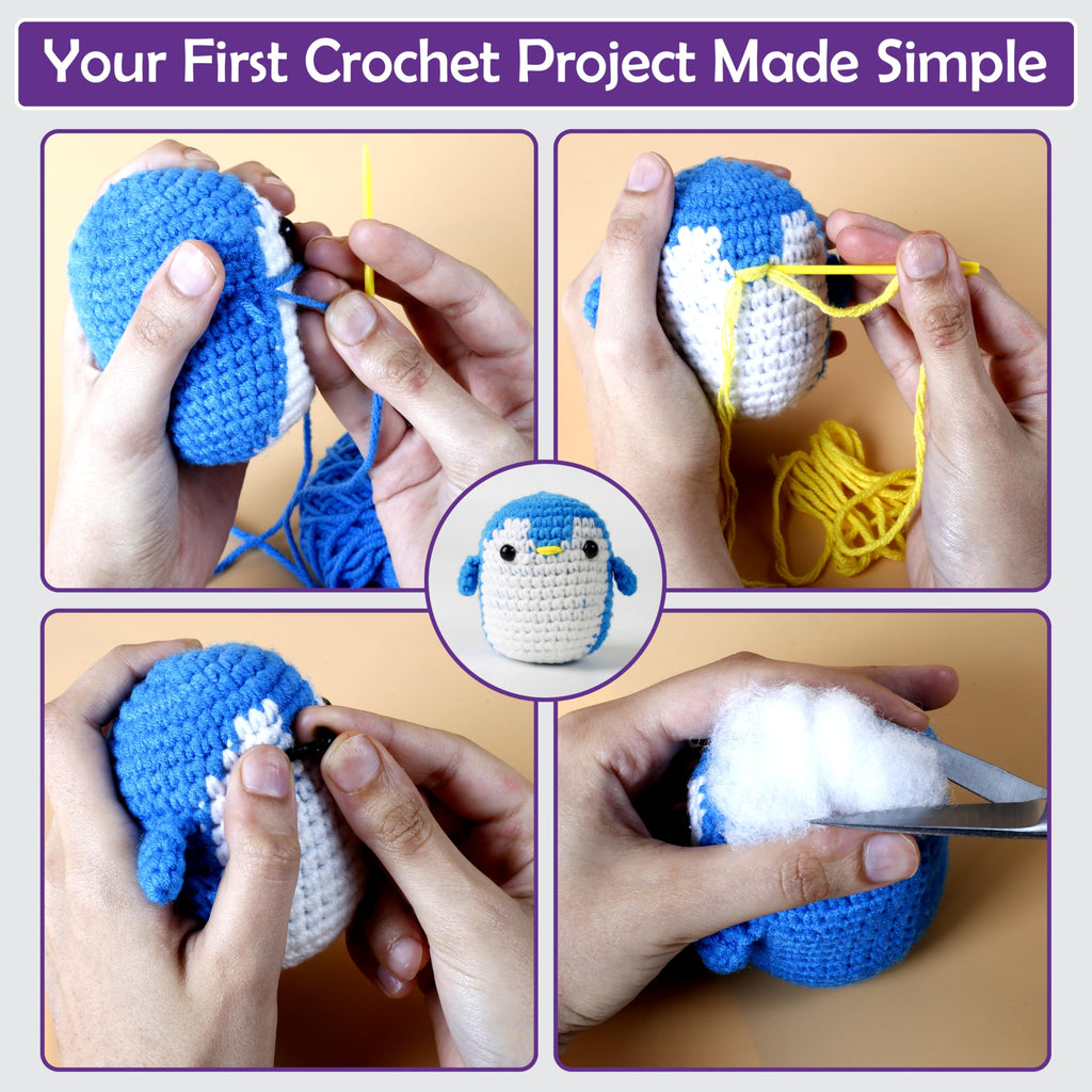 A-URA 3-in-1 Learn to Crochet Kit for Beginners Kids and Adults, Premium Pattern Sunflower, Panda Cactus, Hanging Pot Plant Beginner Crochet Kits with Easy Tube Yarn (4, Animal Pattern)