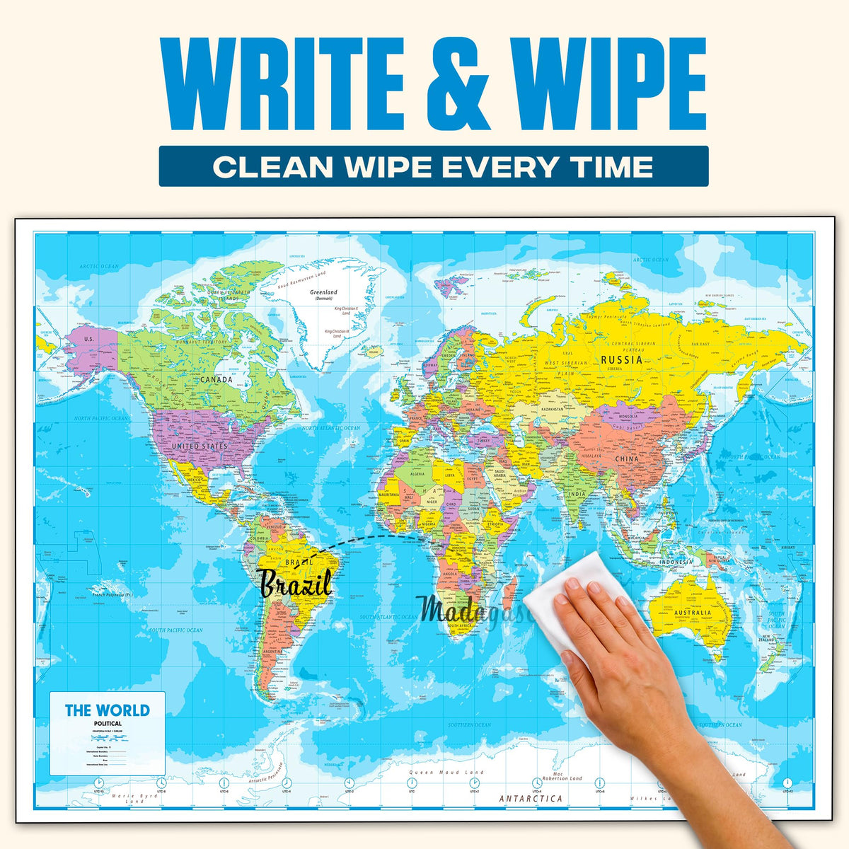 World Map Poster for Wall 24x33 in, Write On Wipe Off