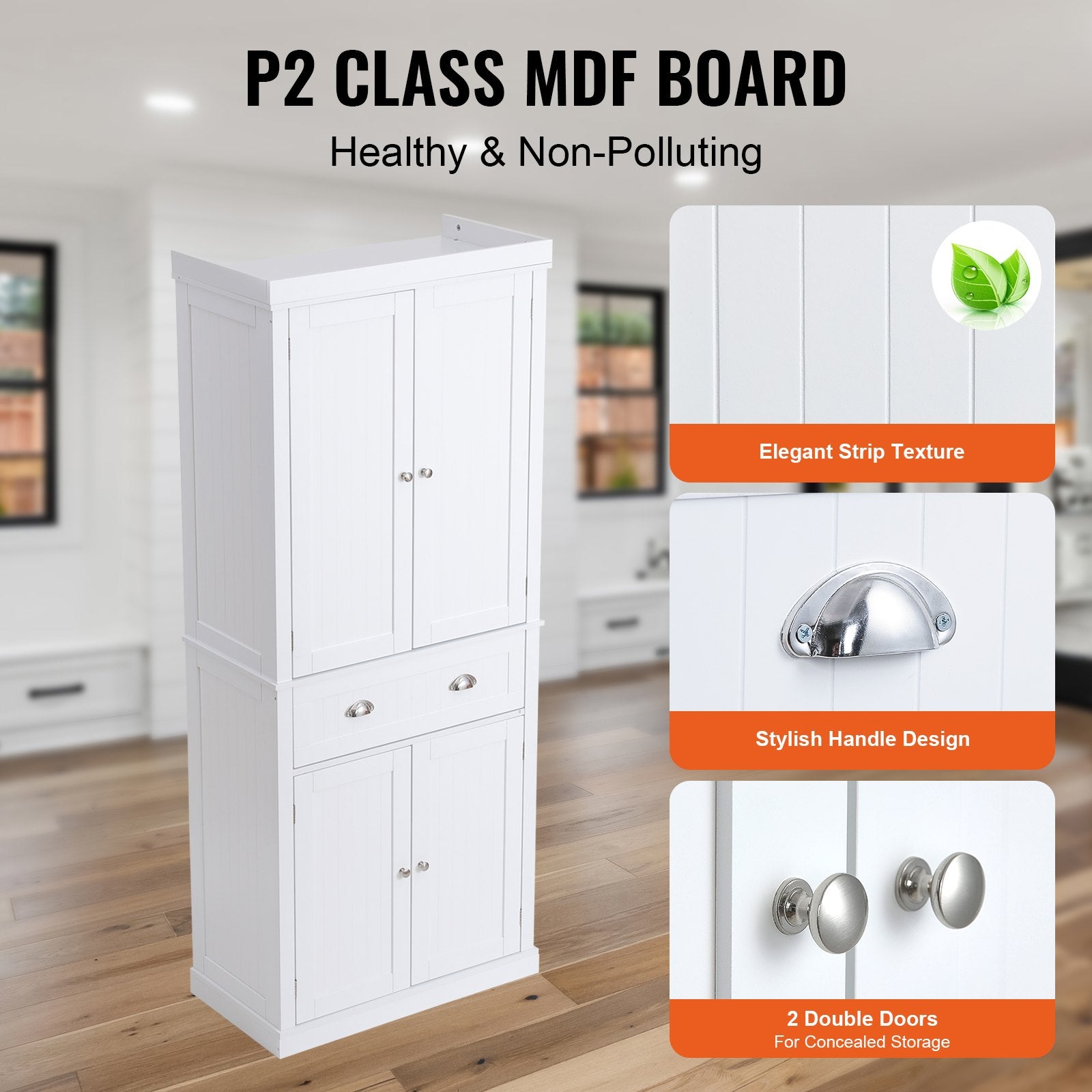 Vevor 72" Tall Storage Cabinet, With Drawer & 3 Adjustable Shelves, White