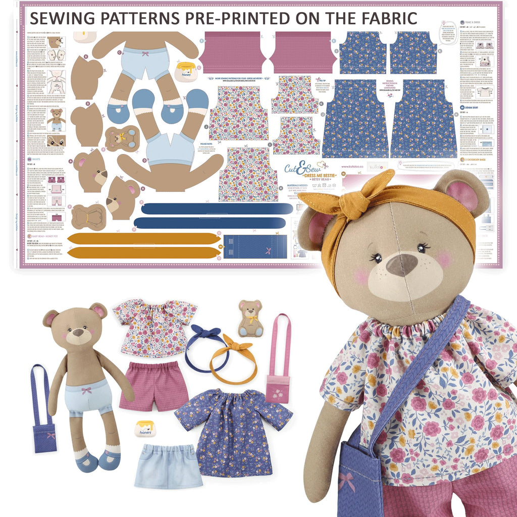 kullaloo – Cut & Sew Fabric Panel – Pre-Printed Patterns on Cotton Fabric – Rag Doll Sewing Kit with Clothes – Betsy Bear Doll Sewing Pattern – incl. Video Instructions