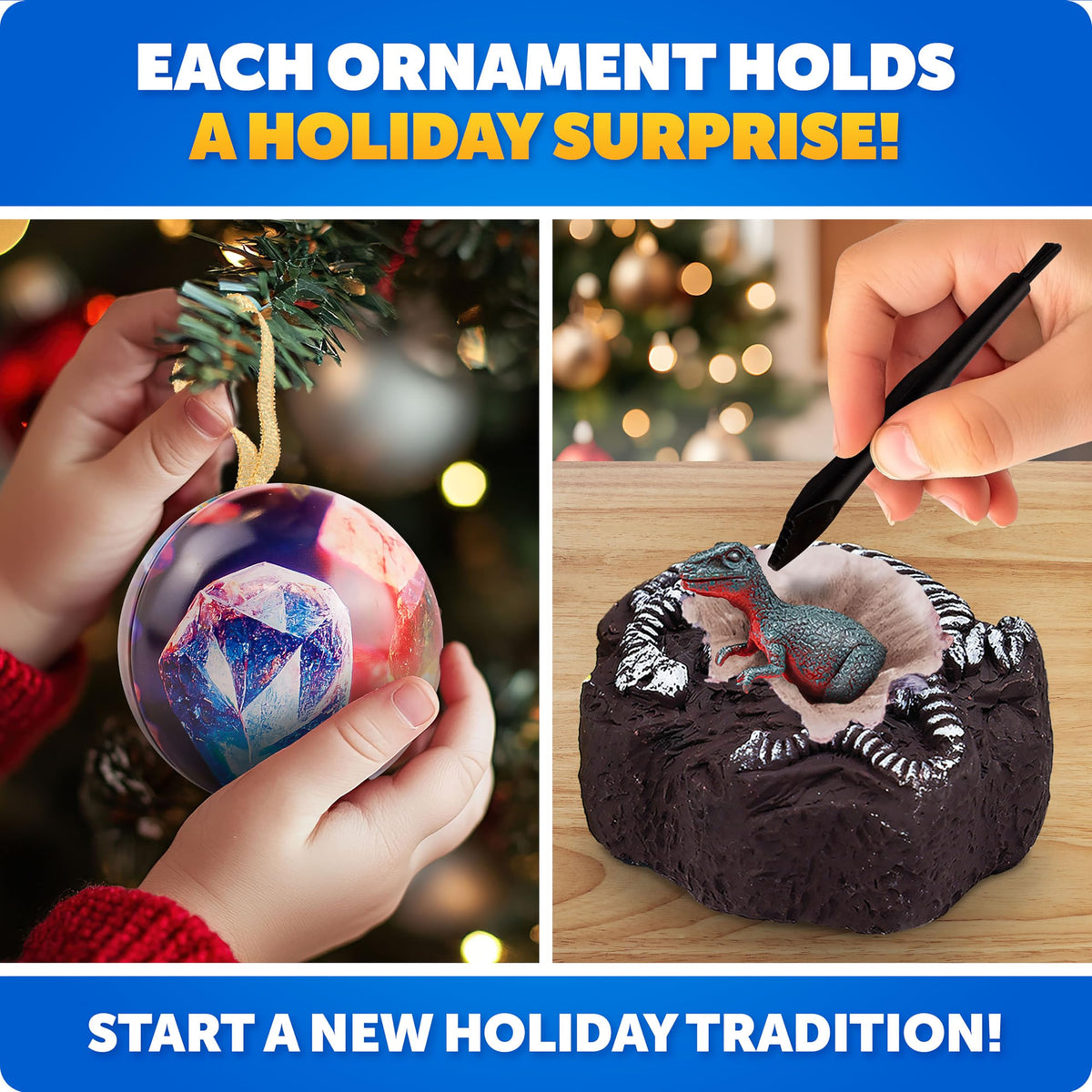 Christmas Surprise Dig Ornaments – 4-Pack Gemstone & Dinosaur Excavation STEM Kit with Learning Guide