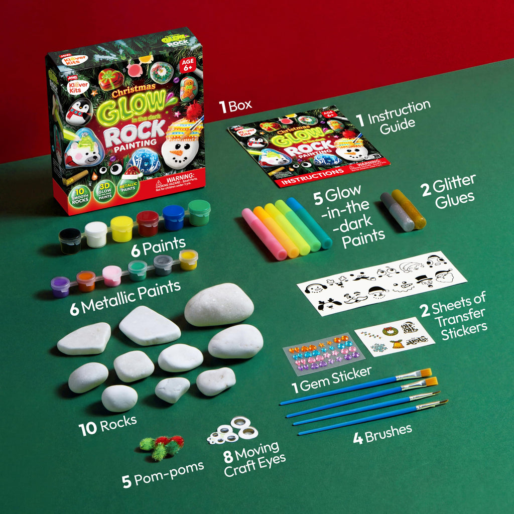 Christmas Rock Painting Craft Kit – 104-Piece Glow-in-the-Dark Holiday Art Set for Kids