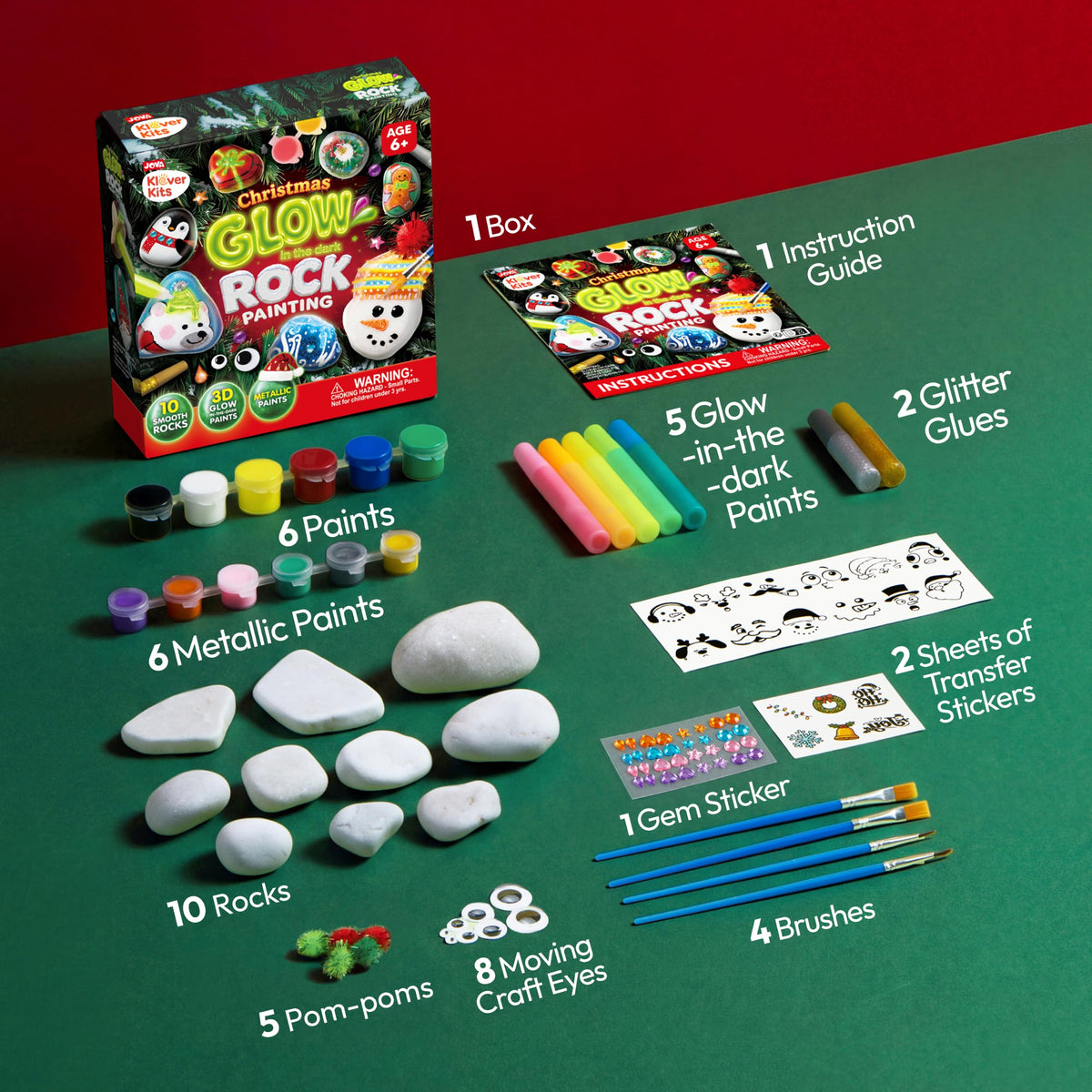 Christmas Rock Painting Craft Kit – 104-Piece Glow-in-the-Dark Holiday Art Set for Kids