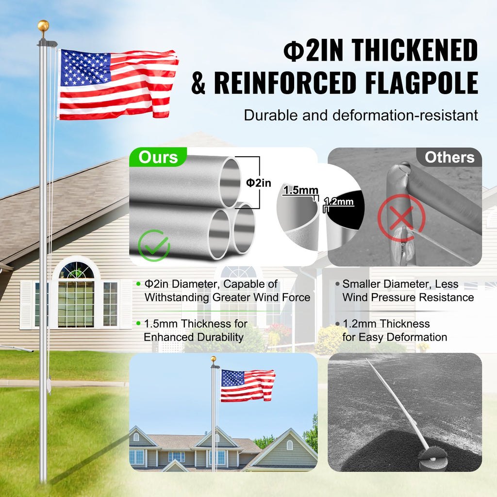 25FT Detachable Aluminum Flagpole Kit Heavy Duty Silver