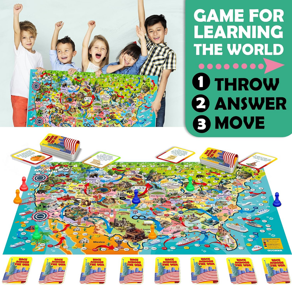 Quokka Giant USA Geography Map Trivia Board Game with Educational Question Cards for Kids and Families