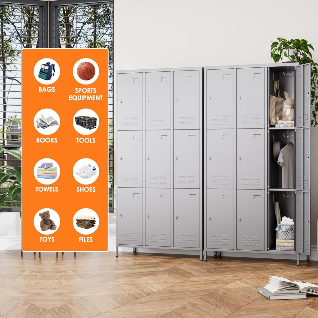 9 Doors Metal Locker With 27 Hooks Assembly Required, Dark Grey