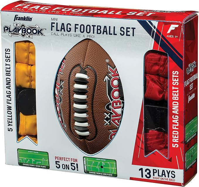 Youth Flag Football Set with Adjustable Tear-Away Belts, Colored Flags and Mini Playbook Football