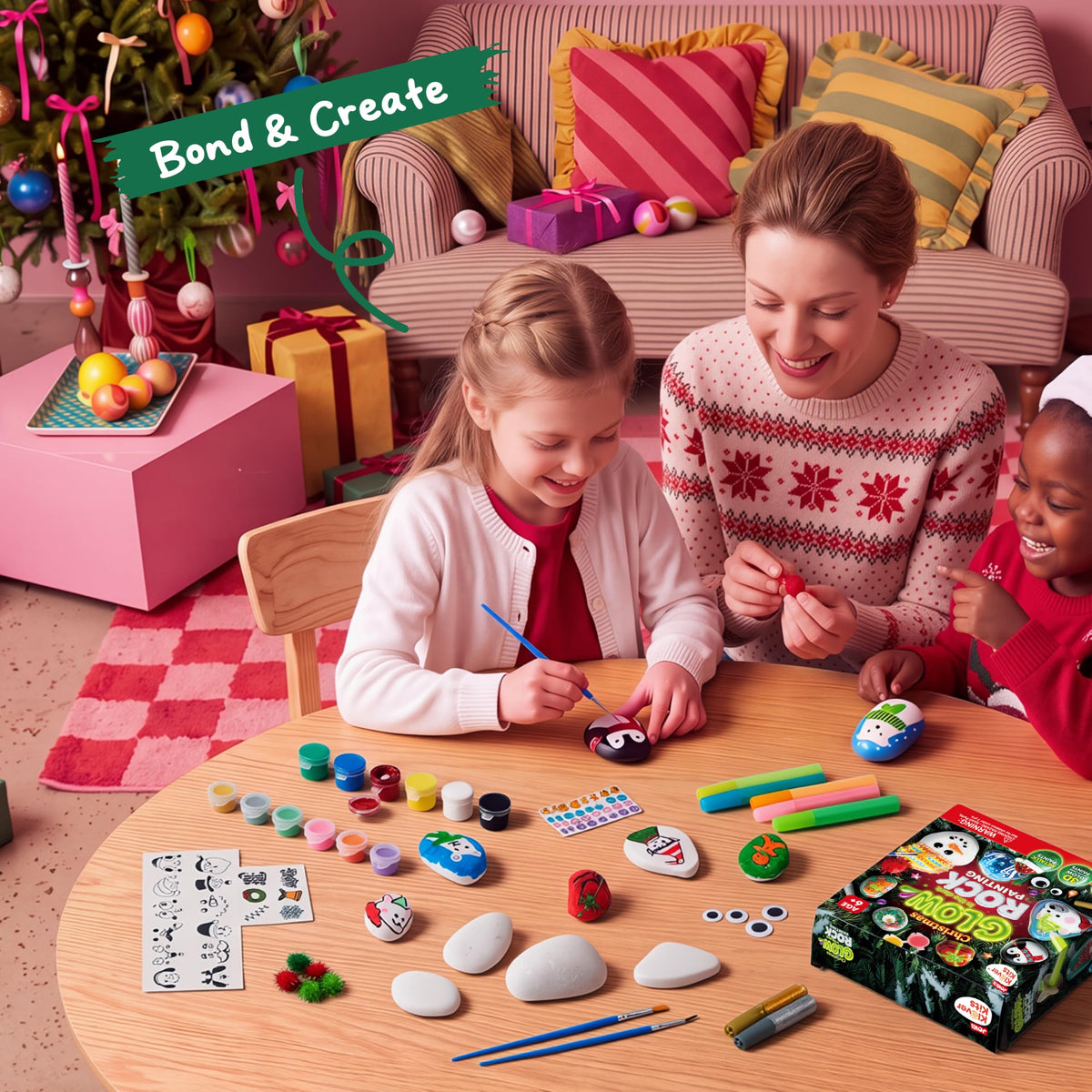 Christmas Rock Painting Craft Kit – 104-Piece Glow-in-the-Dark Holiday Art Set for Kids
