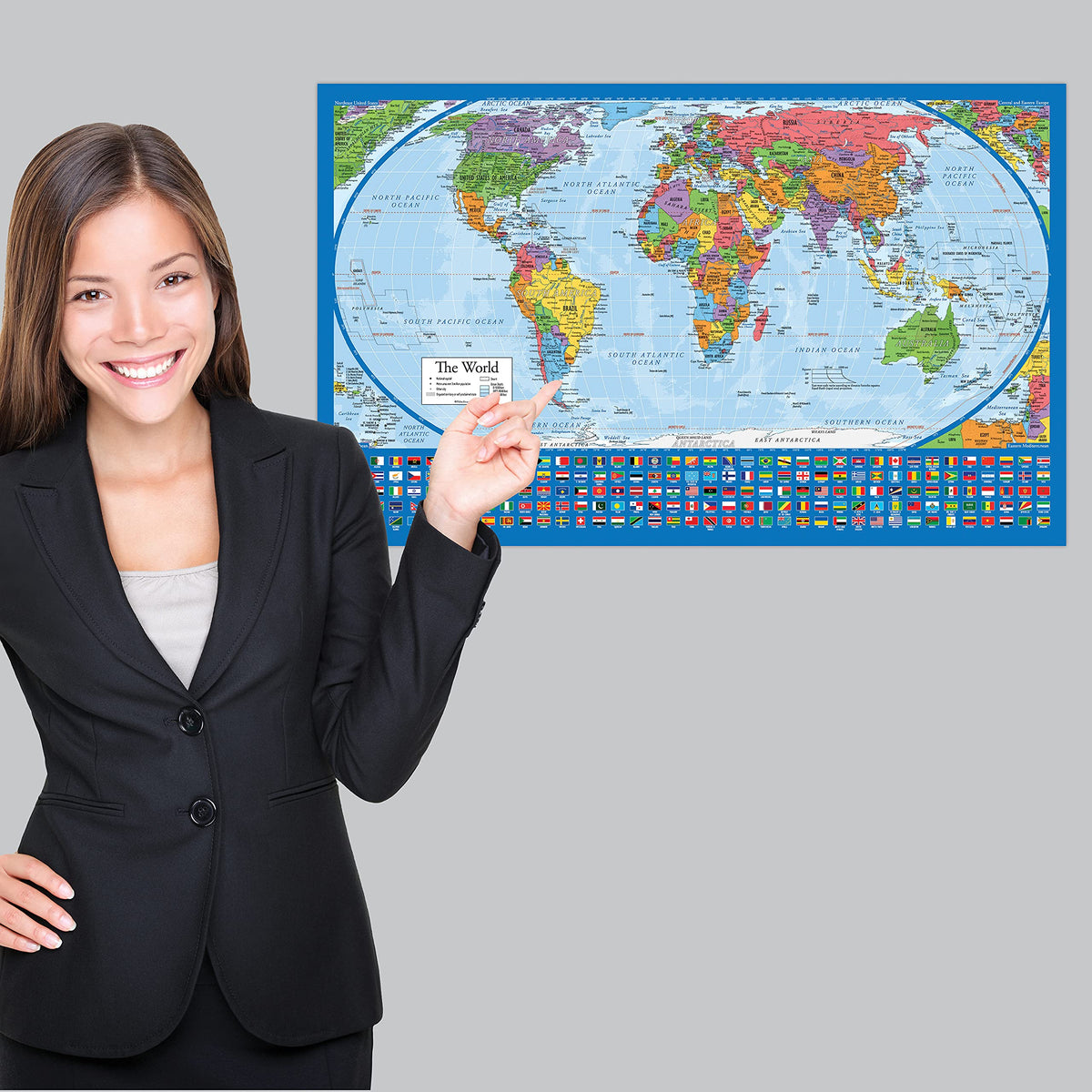 Laminated World Map &amp; USA Map Poster Set – 2 Pack | 18" x 29" Educational Geography Maps -  Color Blue