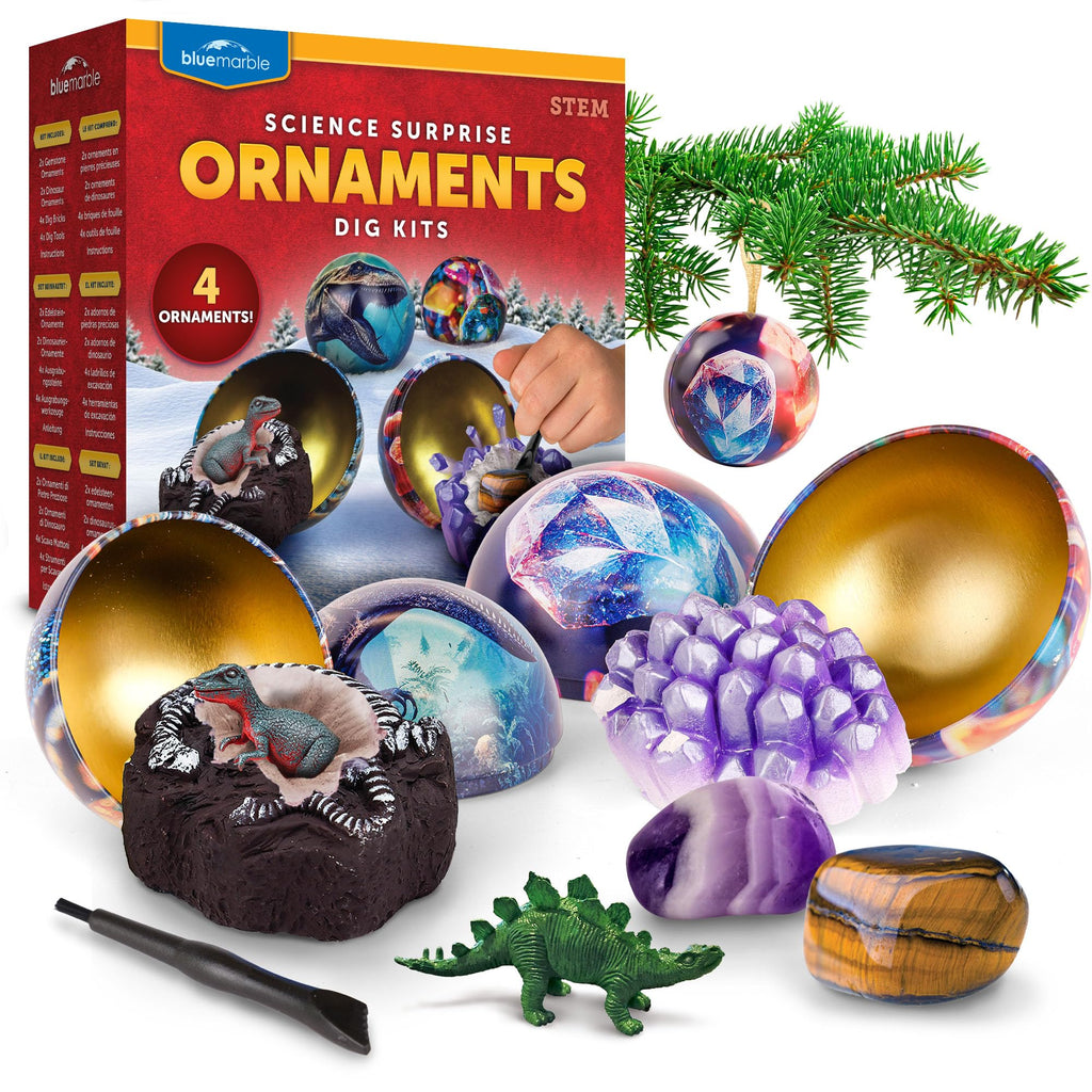 Christmas Surprise Dig Ornaments – 4-Pack Gemstone & Dinosaur Excavation STEM Kit with Learning Guide