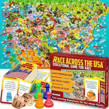 Quokka Giant USA Geography Map Trivia Board Game with Educational Question Cards for Kids and Families