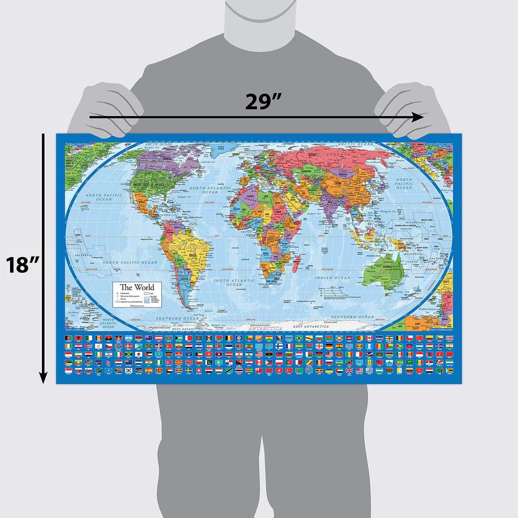 Laminated World Map &amp; USA Map Poster Set – 2 Pack | 18" x 29" Educational Geography Maps -  Color Blue