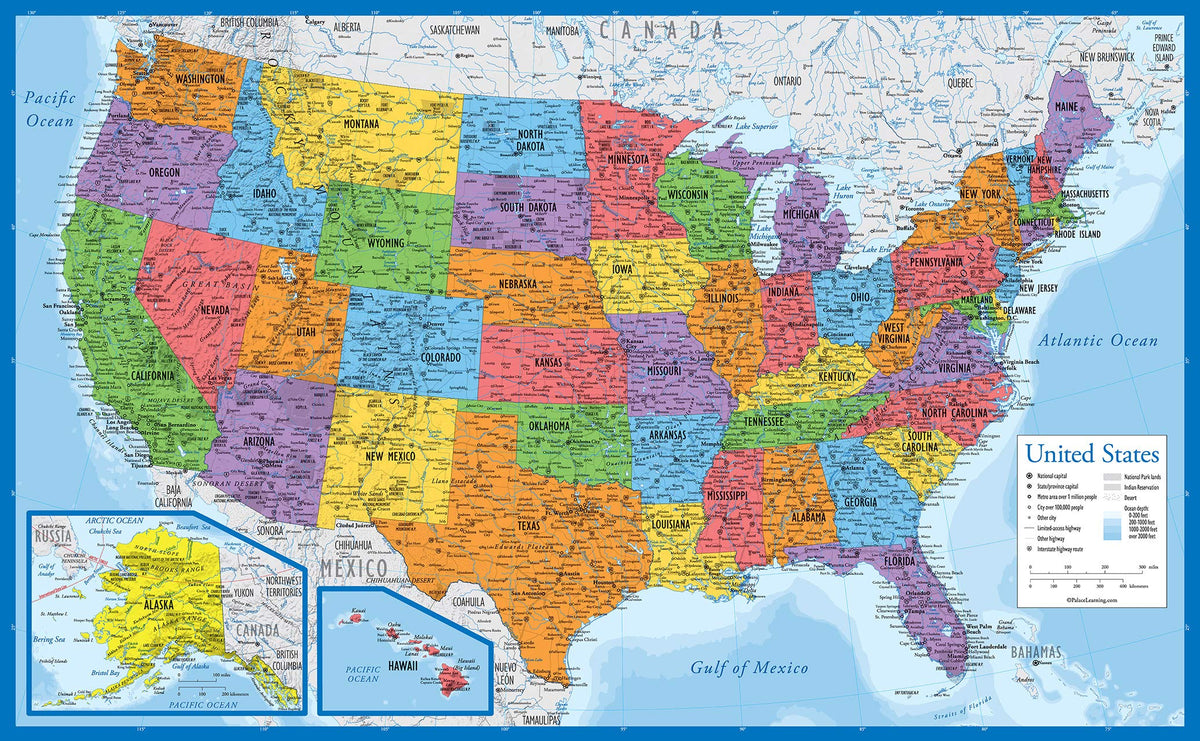 Laminated World Map &amp; USA Map Poster Set – 2 Pack | 18" x 29" Educational Geography Maps -  Color Blue