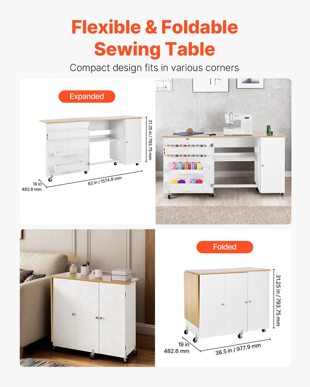 Folding Sewing Table, Multipurpose Sewing Machine Table With Cabinet, Charging Station