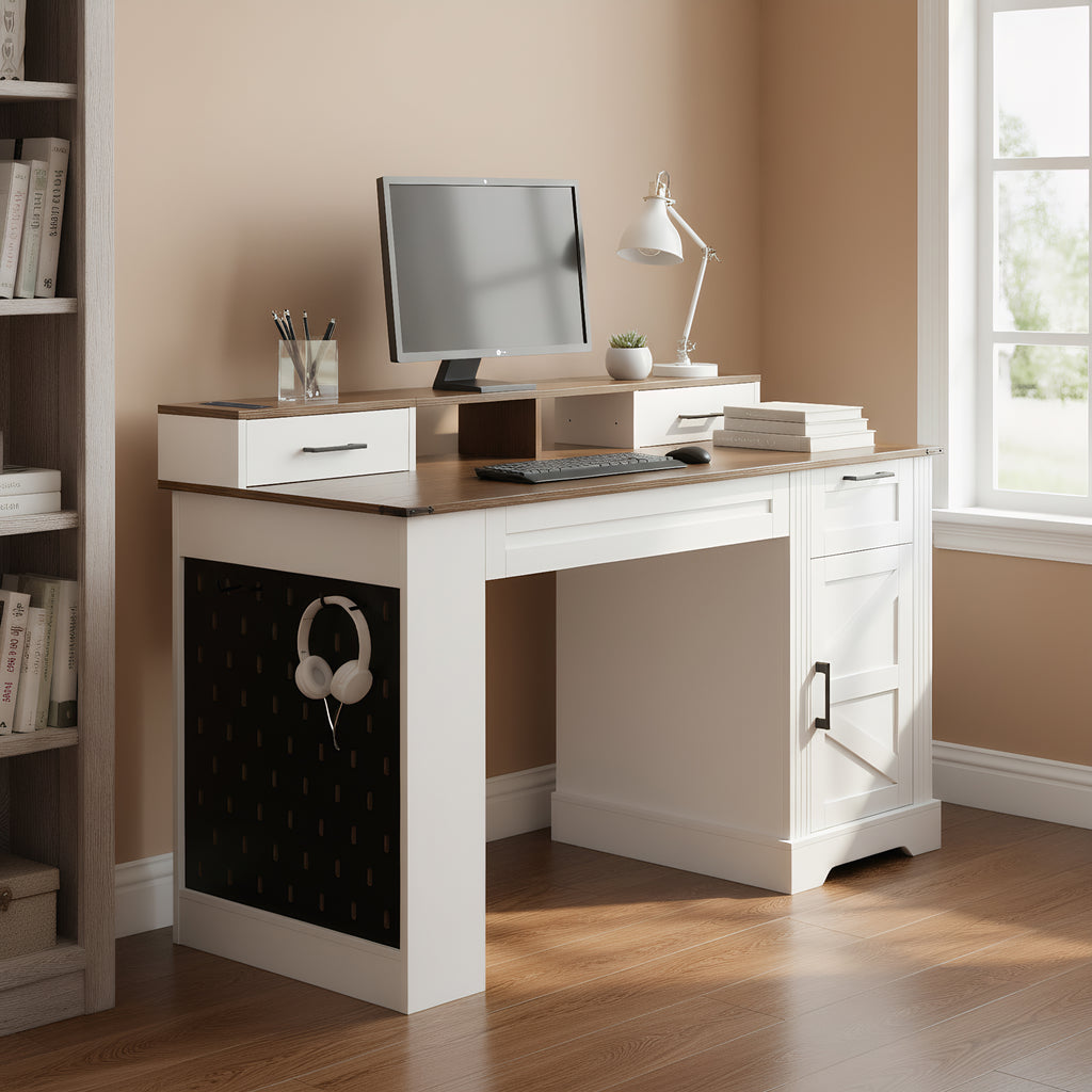 55" Farmhouse Office Desk With Storage Cabinet  Charging Station, Barn Door Design Computer Writing Desk With Keyboard Tray, Monitor Stand And Pegboard, White