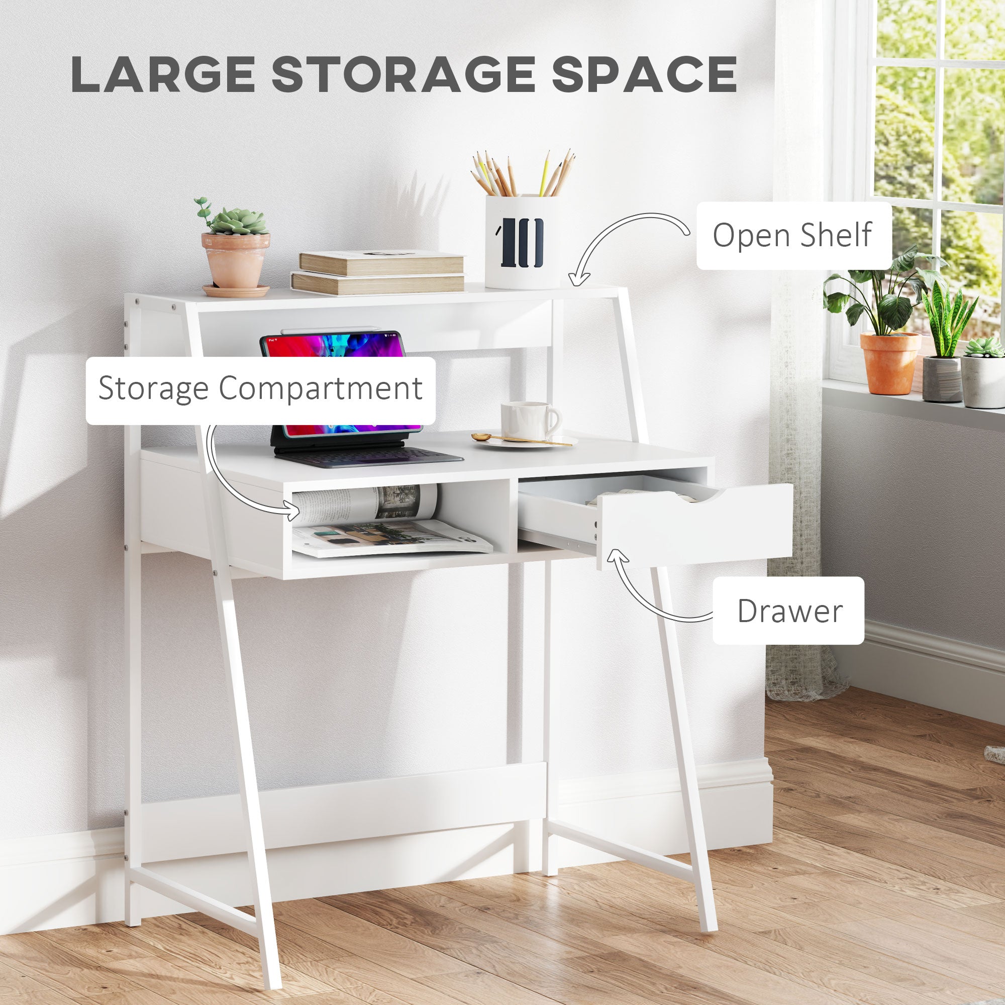 Study Table With Drawer And Storage Shelves, White