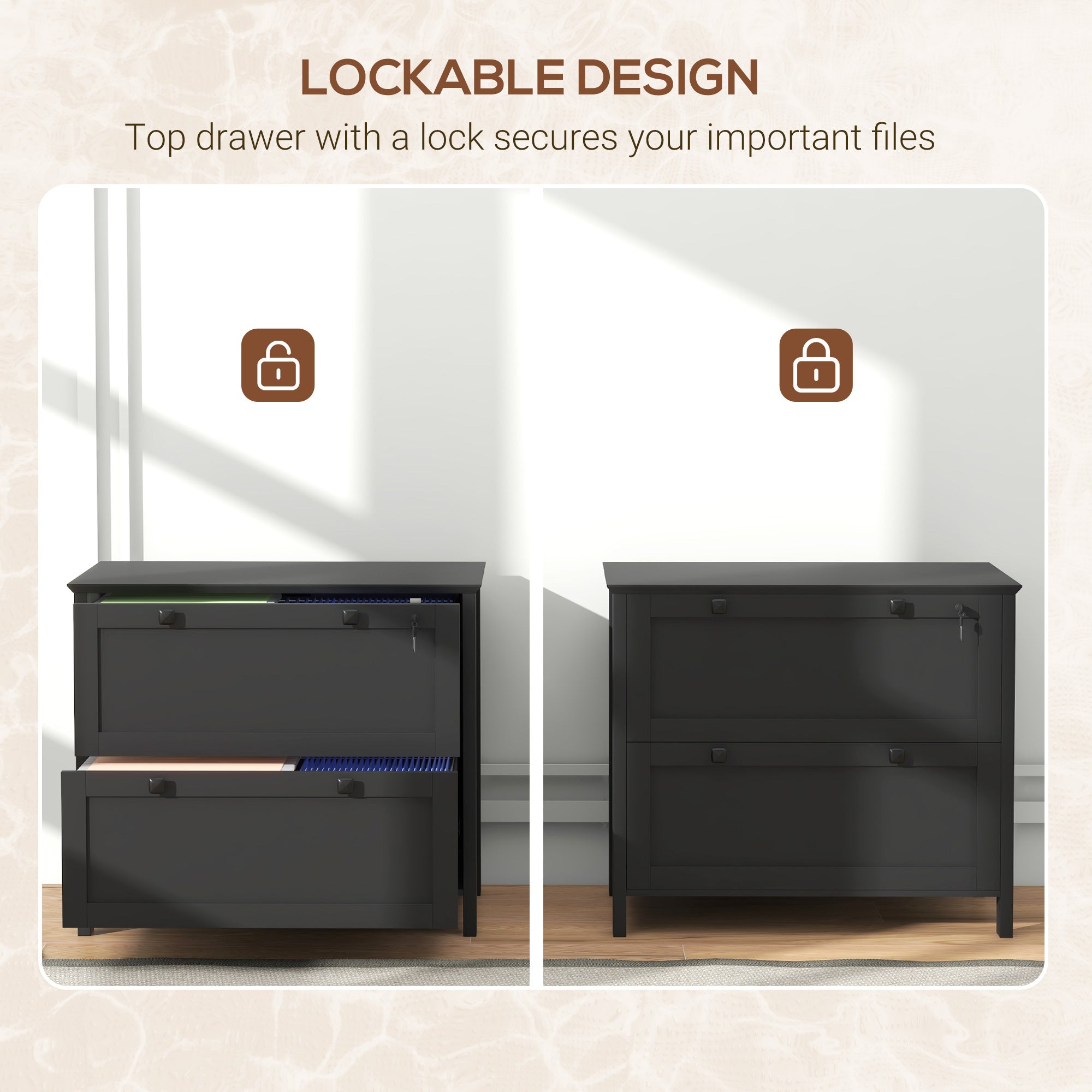 Lateral File Cabinet, 2 Drawer Filing Cabinet, Black