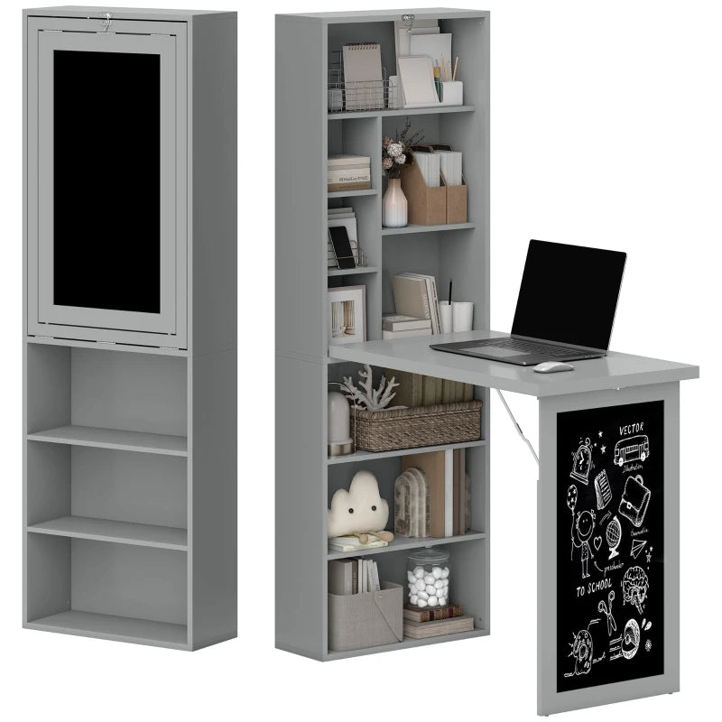 Fold-out Convertible Office Desk, Wall Mount Computer Desk With Blackboard And Side Shelf, Charcoal Gray