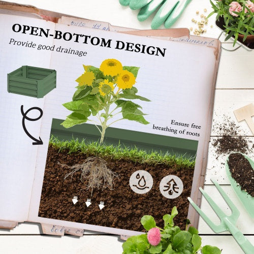 Outsunny Galvanized Raised Garden Bed, 24 X 24 X 11.75 Outdoor Planter Box With Trellis Tomato Cage And Open Bottom For Climbing Vines, Green