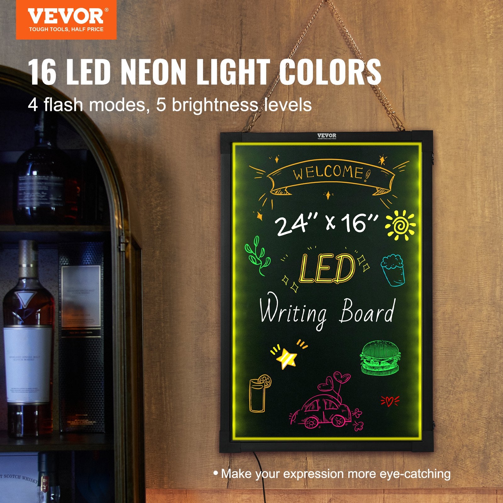 VEVOR LED Message Writing Board, Erasable, Lighted Chalkboard 8 Fluorescent Chalk Markers