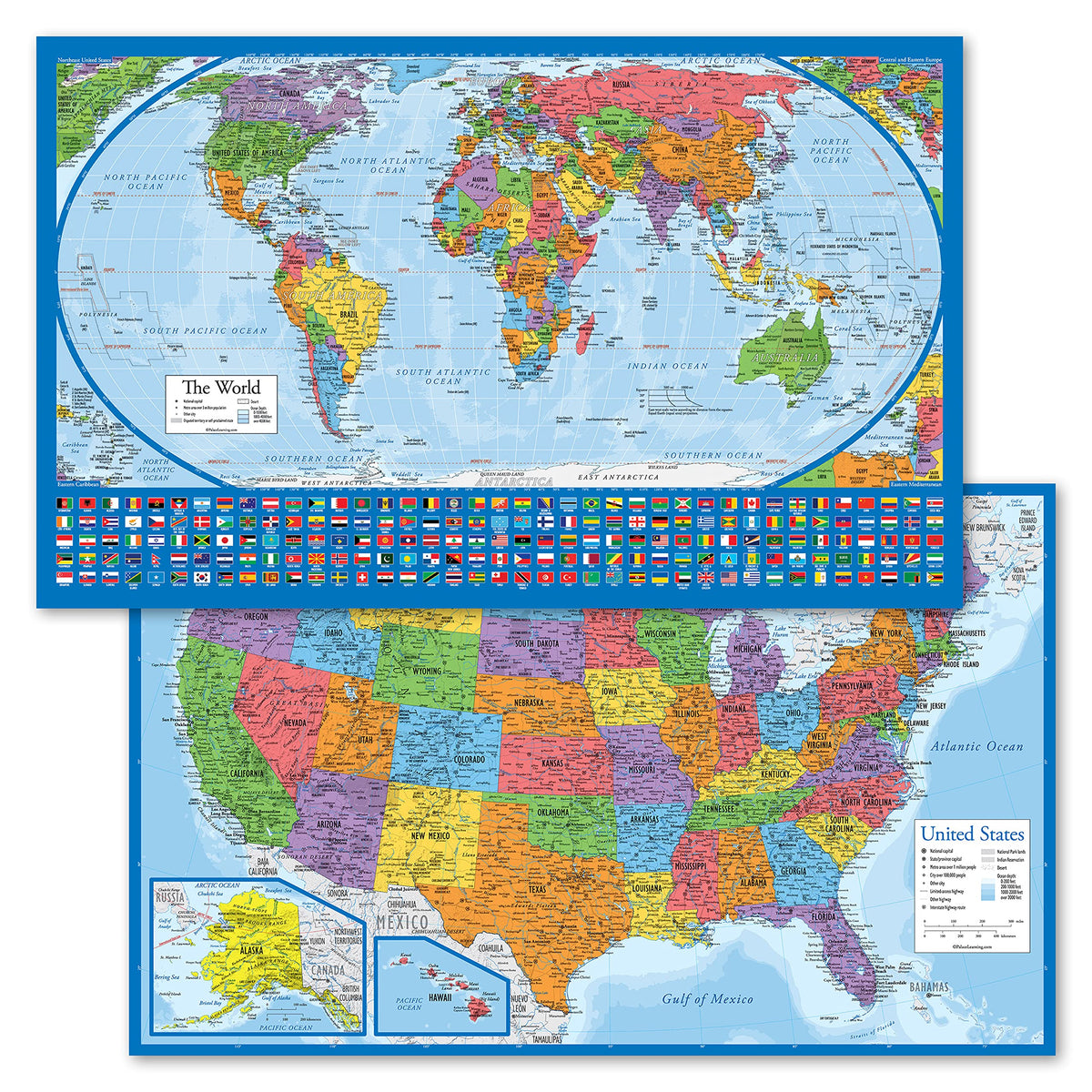 Laminated World Map &amp; USA Map Poster Set – 2 Pack | 18" x 29" Educational Geography Maps -  Color Blue