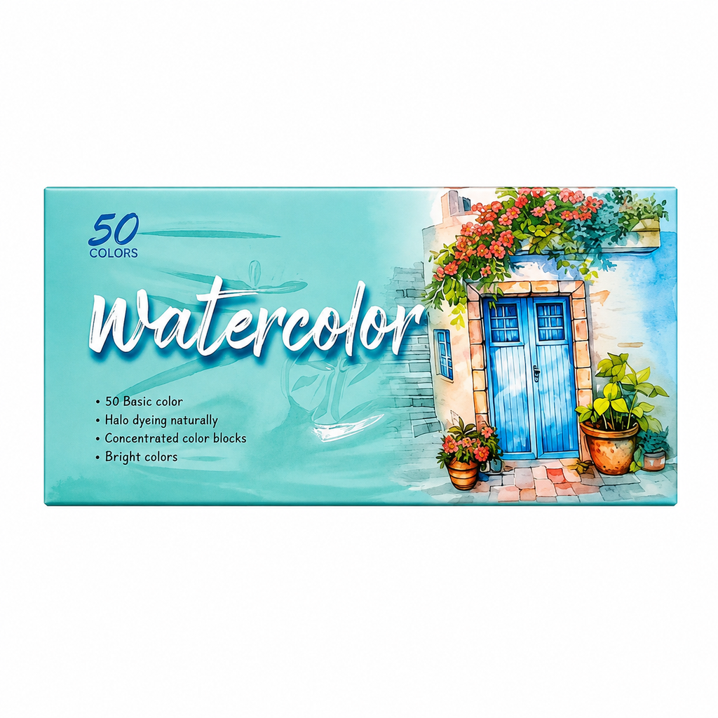 50-Color Solid Watercolor Paint Set – Portable Tin Art Kit with Watercolor Pen, Paint Brush & Sponge for Students, Homeschool & Art Education
