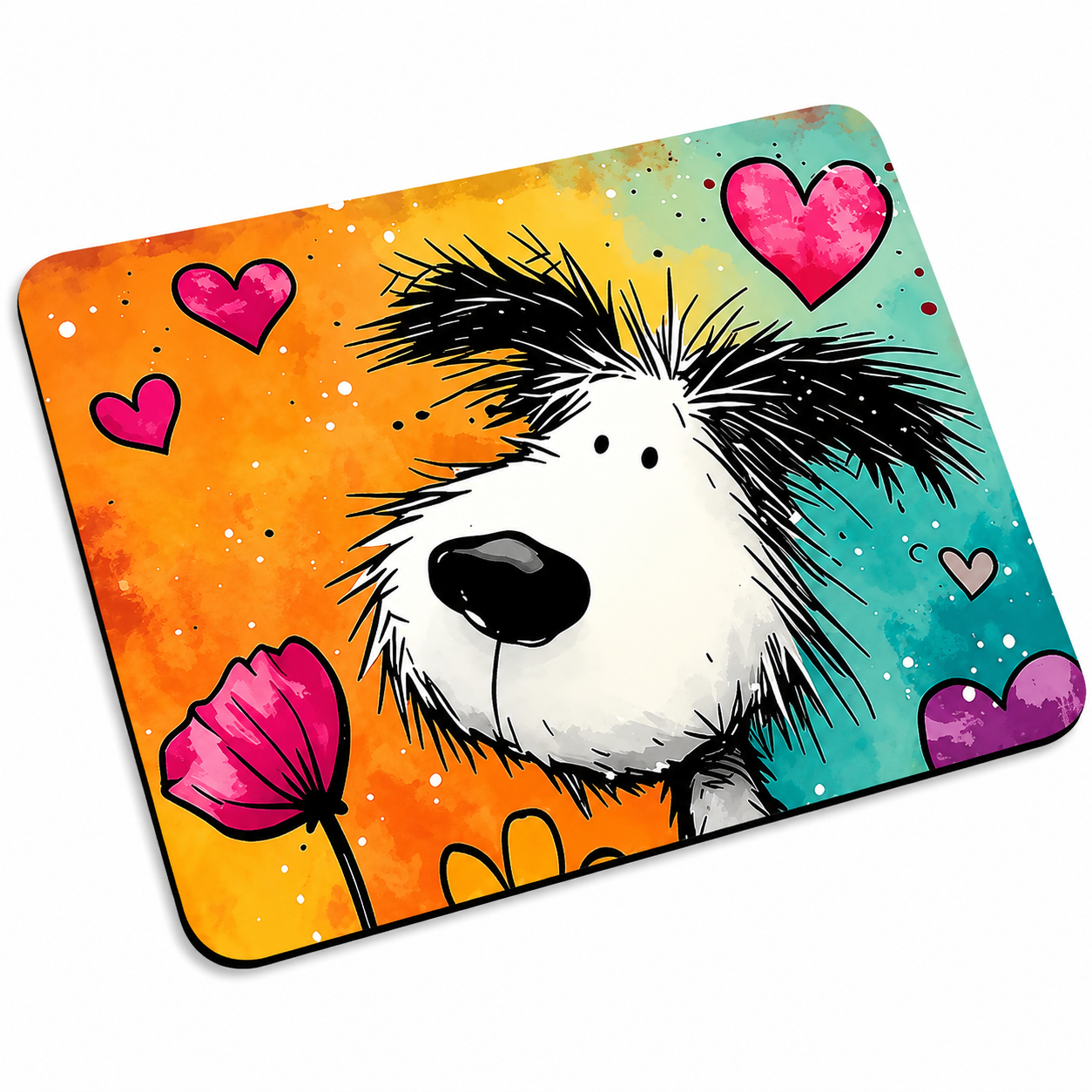 Dog with Flower & Hearts Mouse Pad
