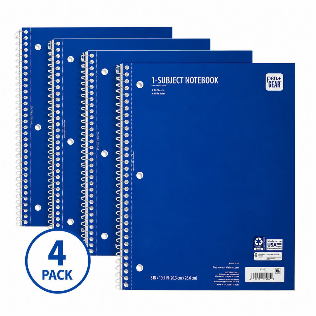 4 Pack Wide Rule 1 Subject Notebooks 8x10.5 (70 Sheets Each)