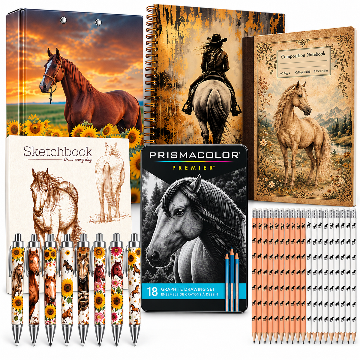 Horse - Themed School Supply & Art Kit – Notebooks, Sketchbook, Drawing Pencils, Pens & Pencils 54 Pieces