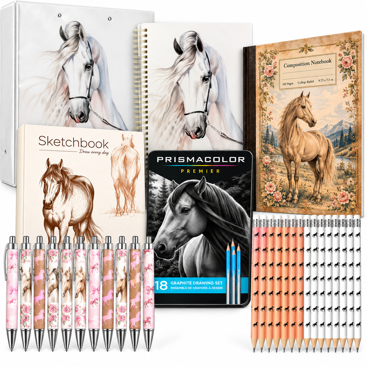 White Horse - Themed School Supply & Art Kit – Notebooks, Sketchbook, Drawing Pencils, Pens & Pencils 59 Pieces