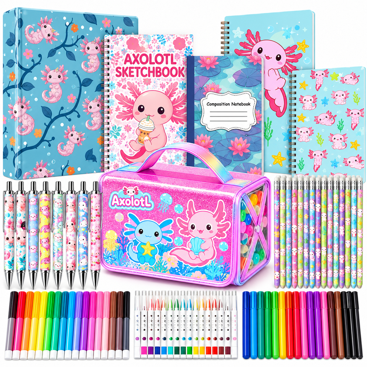 Axolotl - Themed School Supply & Art Kit – 3-Ring Binder, Notebook, Compostition Book, Sketchbook, Drawing Pencils, Pens & Pencils, 70 Piece Art Set
