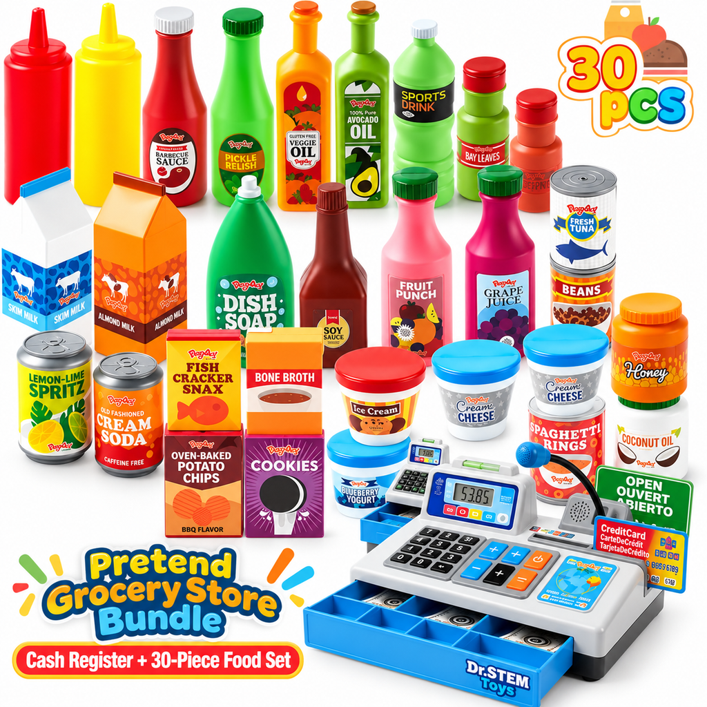 Dr. STEM Toys Talking Cash Register & Pretend Food Bundle– Trilingual Money Counting & Math Learning Toy with Play Money, Credit Cards & Working Microphone – Ages 3+
