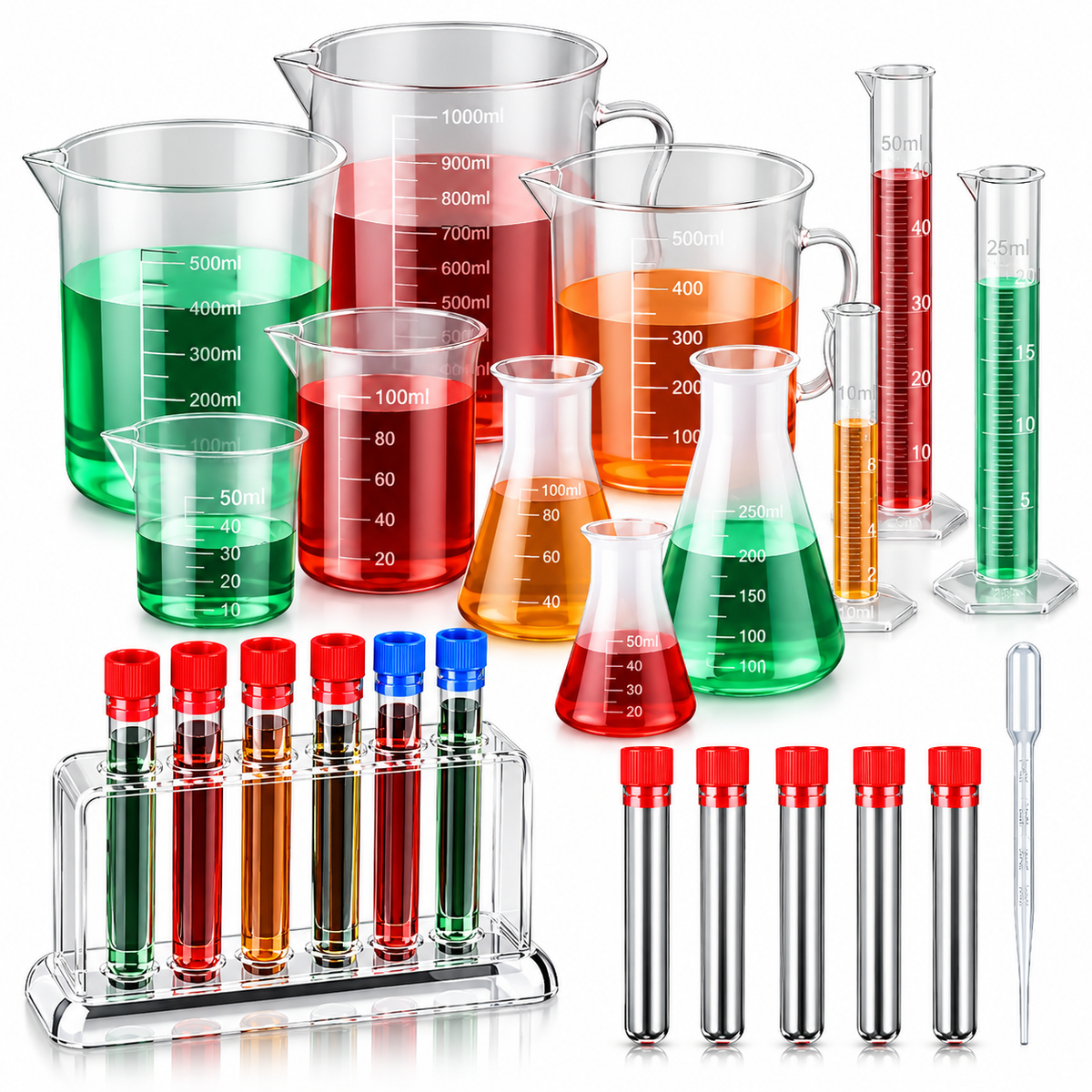 28 Pcs Plastic Beakers Test Tubes with Graduated Cylinder Flask