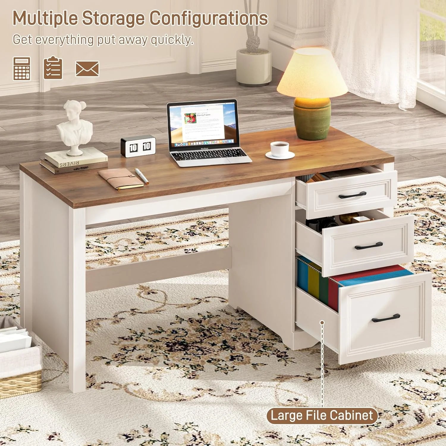 Farmhouse Home Office Desk with File Cabinet and 2 Drawers