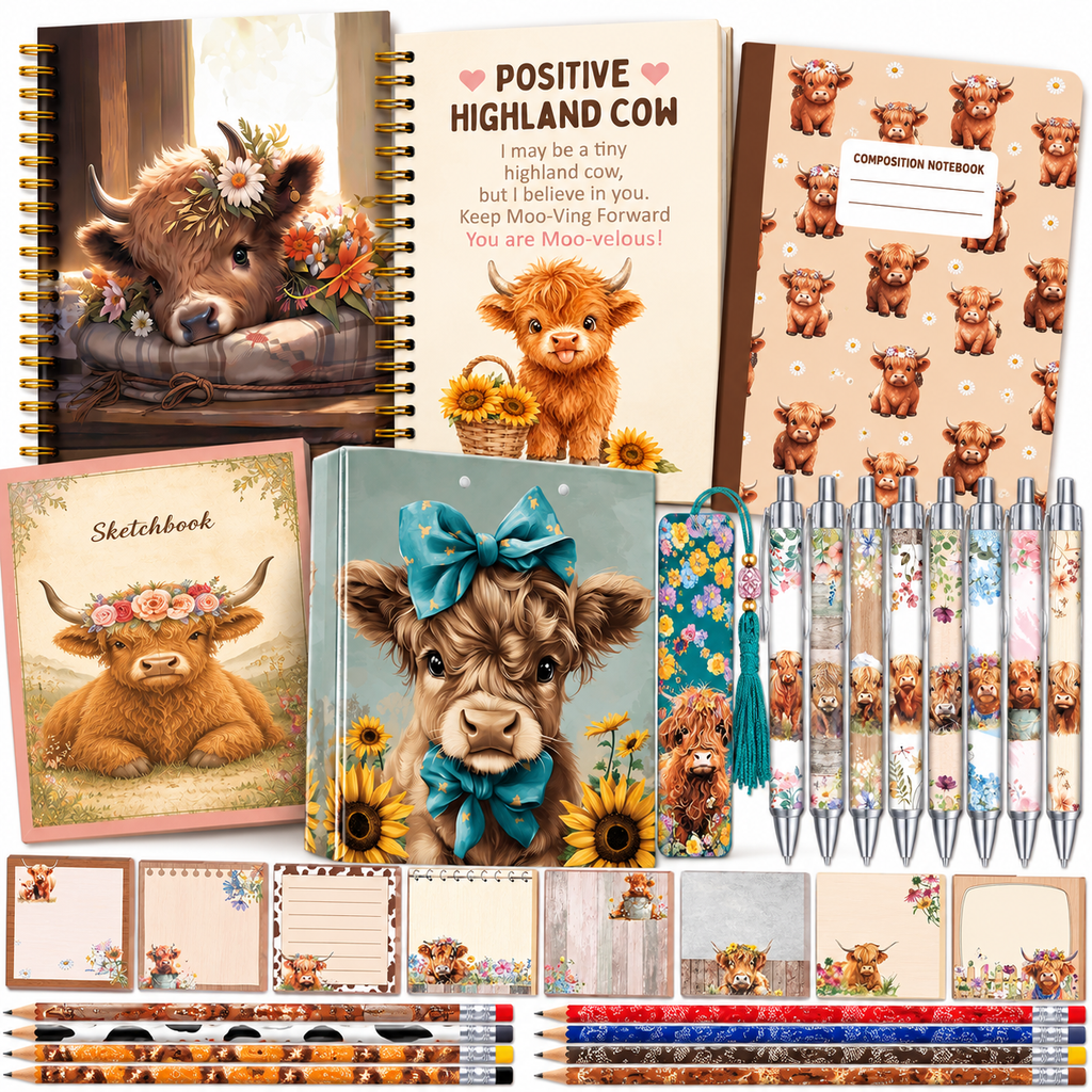 Highland Cow Themed School Supply Set – Journals, Composition Book, 3-Ring Binder, Sketchbook, Pens, Pencils, Bookmark & Post It Notes